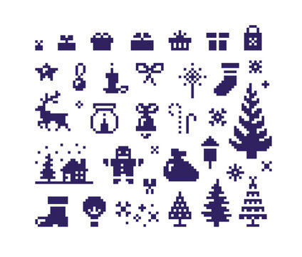 Pixel Art Christmas Icon Set.