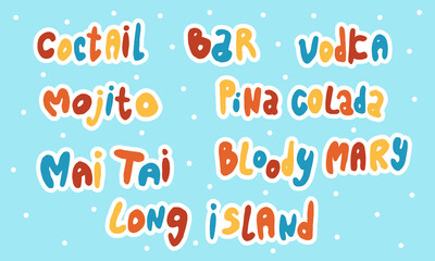 Names of alcoholic drinks. Handwritten lettering text isolated on blue backgroud. Template for bar menu, poster or banner. Simple typographic design