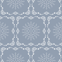 Seamless pattern christmas theme. Snowflakes and frieze with stars. Pretty colors ice blue and white. Vector illustration.