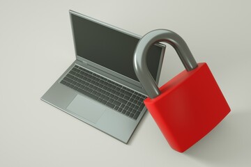 A large red metal lock lies on a modern thin gray laptop, blocking access to information, censorship and Internet bans, 3d rendering