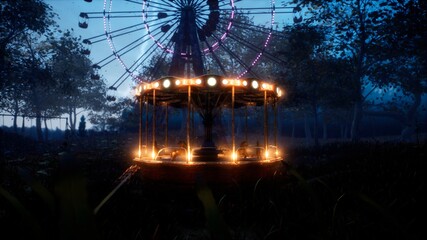 Abandoned Carousel and Ferris wheel in an amusement Park in an abandoned city. 3D Rendering. © designprojects