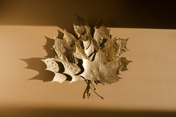 Shiny Golden bouquet of leaves on nude color background. Flat lay, top view. Minimal autumn composition concept.