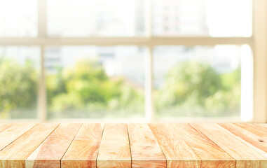Empty wood table with blur  big window view background