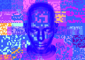 Artificial intelligence and Psychological profiling concept. Human head with glitched pixels, distorted profile of a woman made of square particles.