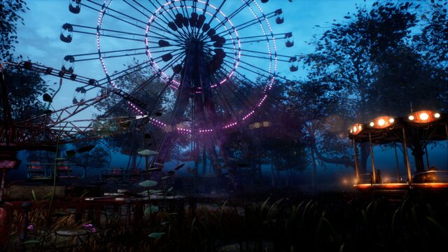Abandoned Apocalyptic Ferris wheel and carousel in an amusement Park in a city deserted after the Apocalypse. 3D Rendering.