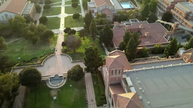 Los Angeles UCLA campus aerial view over Dickingson court and Wilson plaza green space