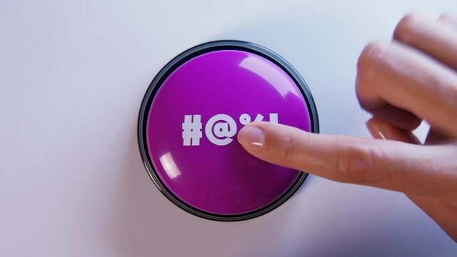 Woman pushing a button with swear words. Bad words or slang on a website, online forum, internet. Exclamation mark, percent, at symbol, sharp sign. Aggressive disagreement. Negative emotion, bullying.