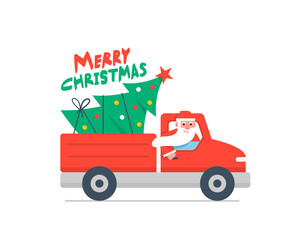 Christmas truck and Christmas tree. Red pickup with santa claus. Merry Christmas