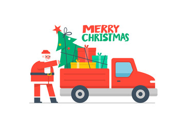 Christmas truck and Christmas tree. Red pickup with santa claus. Christmas tree and gift boxes