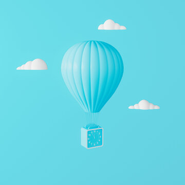 Hot air balloon with clock flies in the clouds. Time Flies Concept on pastel blue background 3D render 3D illustration