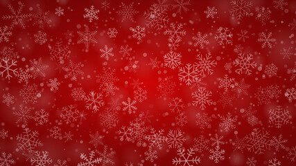 Christmas background of snowflakes of different shapes, sizes and transparency in red colors