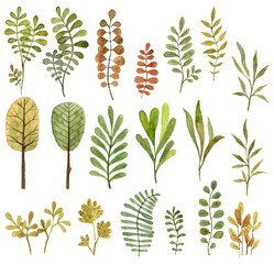 Collection of hand painted watercolor leaves