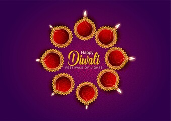  Happy Diwali celebration background. Top view of banner design decorated with illuminated oil lamps on patterned dark background. vector illustration
