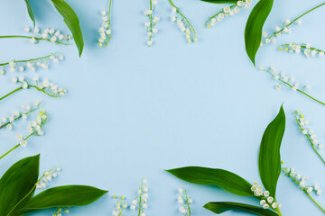 small white lilies of the valley with large green leaves lie on a pastel blue background with empty spaces in the center. Top view, concept for spring holidays, template blank
