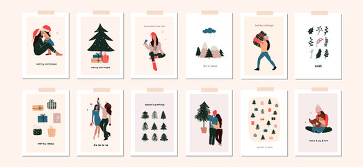 Set of christmas new year winter holiday greeting cards with family kids, xmas decoration. Vector abstract christmas people trendy illustration in hand drawn flat style