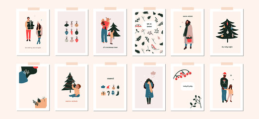 Set of christmas new year winter holiday greeting cards with family kids, xmas decoration. Vector abstract christmas people trendy illustration in hand drawn flat style