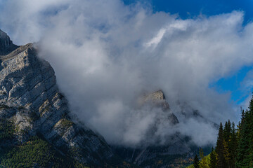 Mountain tops covered with mist in the rockies