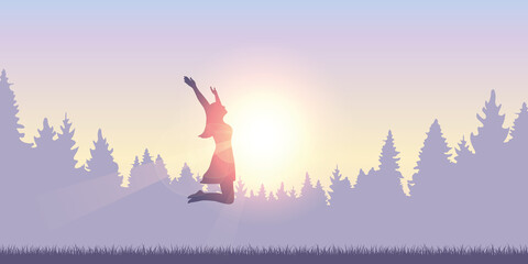 Obraz na płótnie Canvas happy girl with raised arms jumps at sunshine vector illustration EPS10