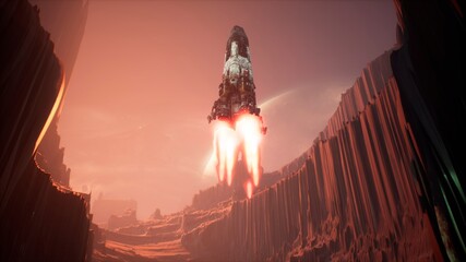 A space rocket lands on an unknown beautiful planet. 3D Rendering. © designprojects