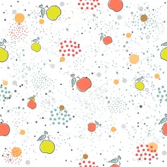 Cute Seamless Pattern with pears and dotted background. hand Drawn Delicate Design. Scandinavian Style. For cards, templates, gift paper, prints, decorations, templates, etc.