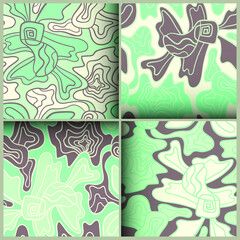 A set of abstract hand-drawn four seamless backdrops with creative patterns that similar flowers.