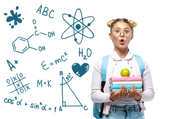 Shocked schoolgirl holding apple and books near math illustration on white