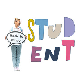 Schoolgirl holding speech bubble with back to school lettering near student illustration on white