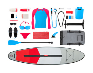 Flat lay of stand up paddle board, swimming clothes and accessories for women isolated on white