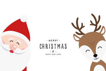 Santa and reindeer cartoon merry christmas greeting white background