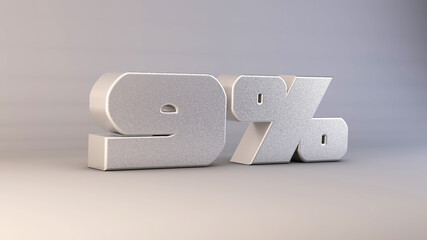 9 percent 3d metal text isolated on white, 3d render illustration