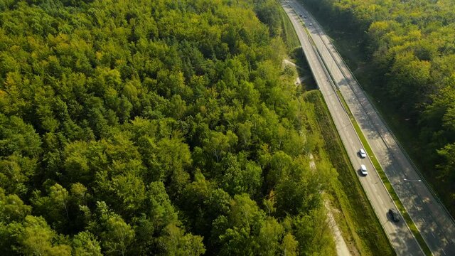 Aerial view of freeway with large green woods on the sides of the lanes