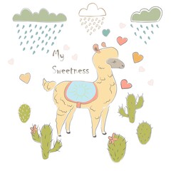 Cute Alpaca with cacti, clous and hearts. Vector Illustration