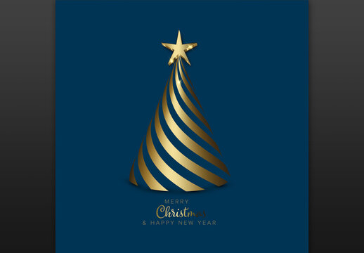Blue Christmas Card Layout with Minimalistic Golden Tree 