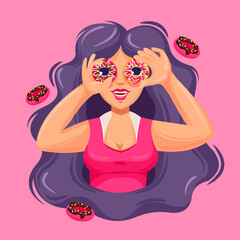 Cartoon Color Character Person Girl Looking Through Donuts Concept. Vector