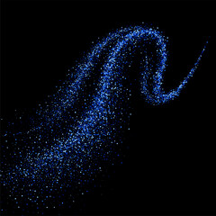 Dinamic blue trail with sparkling particles. Abstract motion of vortex wavy lines. Effect of spray, atomizing and fog isolated on black background