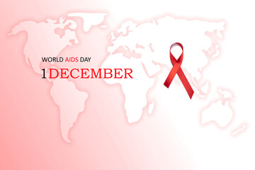 Red ribbon against AIDS on world map. World AIDS Day 1 December 2020 concept.