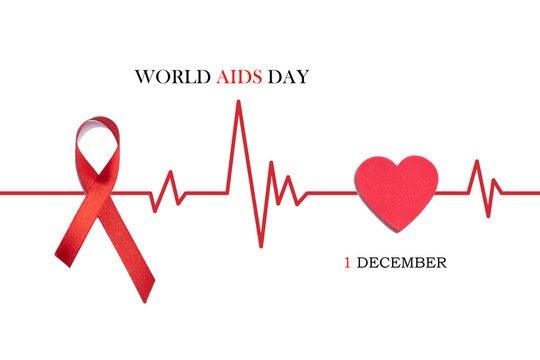 Red AIDS ribbon and heart with medical lifeline on white background. World AIDS Day 1 December 2020 concept.