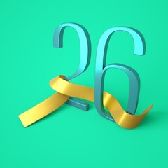Number twenty six with a gold ribbon, the 26th day of the month, birthday - 26 years, 3d rendering