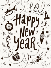 Vector Happy New Year vector poster with winter symbols and lettering