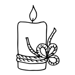 Festive candle.  Decorated with a rope tied with a bow.  Vector outline illustration.  Doodle style.