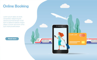 Woman travelling with luggage online booking flight and railway ticket with credit card on smart phone. Idea for digital payment, online reservation, internet banking and traveling technology concept