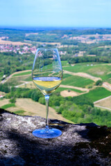Tasting of white or jaune Jura wine on vineyards near Chateau-Chalon village in Jura region, France