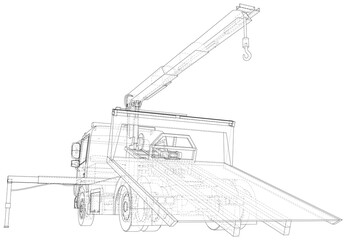 Tow truck vector. Towing car trucking vehicle transportation towage. Help on road. Wire-frame. The layers of visible and invisible lines are separated. EPS10 format.
