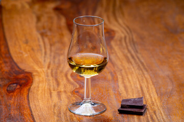Tasting glass with strong alcoholic spirit drink whisky, cognac, armagnac or calvados