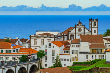 Obraz premium Panorama view of Nordest, Sao Miguel Island, Azores. Old stone arch bridge in Nordeste village, Sao Miguel, Azores.