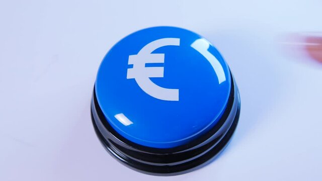Earning free money. Business person pushing blue glossy money button with euro symbol. 4K video for sales, payment system, financial institution, stock market, digital wallet, crediting, traders, bank