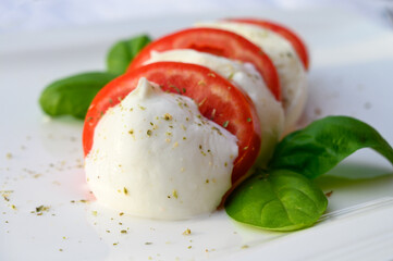 Caprese salad made with fresh soft white italian cheese mozzarella buffalo, green basil, red tomatoes and origano herb