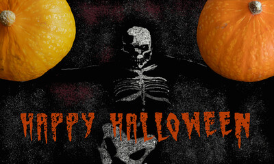 Halloween background with Skeleton and two pumpkins on Grunge black background
