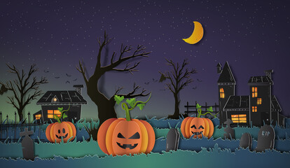 Fototapeta premium Halloween illustration with paper art style can be use for greeting card, invitation, poster, party and celebration event