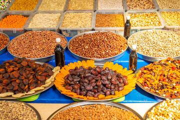 Assorted nuts and dried fruits in turkish market, Antalia, Turkey